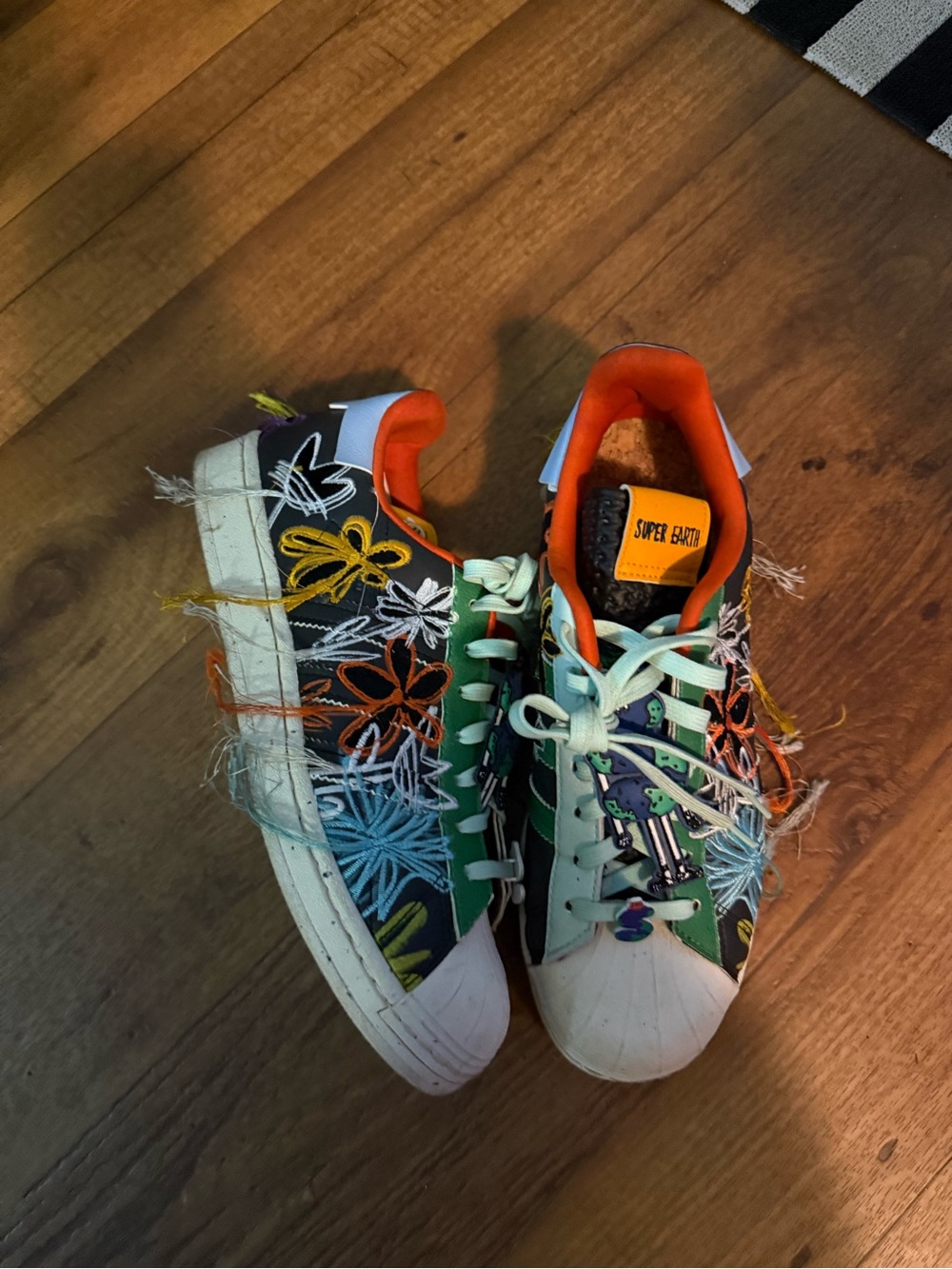 Adidas Super Earth Superstars w Floral Stiching & Tassels- Multi Colored - Picture 4 of 5